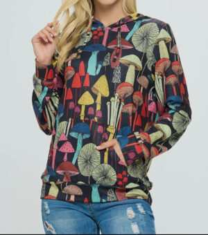 Whimsical Mushroom Print Hoodie with Pocket-Black- LA Soul