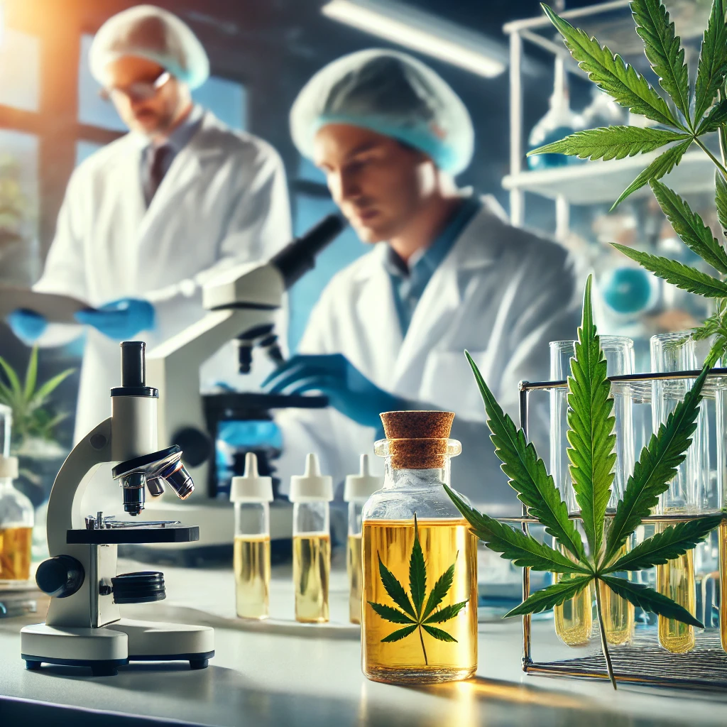 Scientists in a lab analyzing CBD samples with hemp leaves and CBD oil bottles in the foreground, symbolizing the intersection of science and wellness.