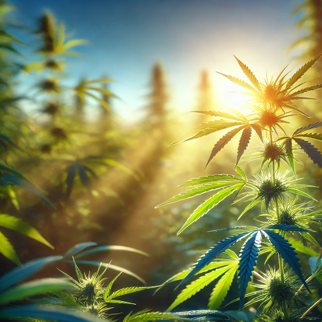 A serene scene of a natural hemp field under a bright blue sky, with soft sunlight highlighting the green leaves of the plants.