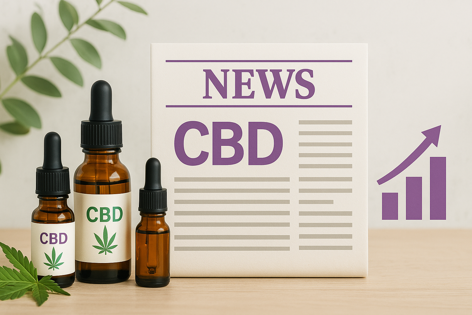 CBD Industry News: Insights and Trends Shaping the Future May 2025 A collage of CBD oil, a newspaper headline about CBD, and a growth chart symbolizing industry updates and progress.
