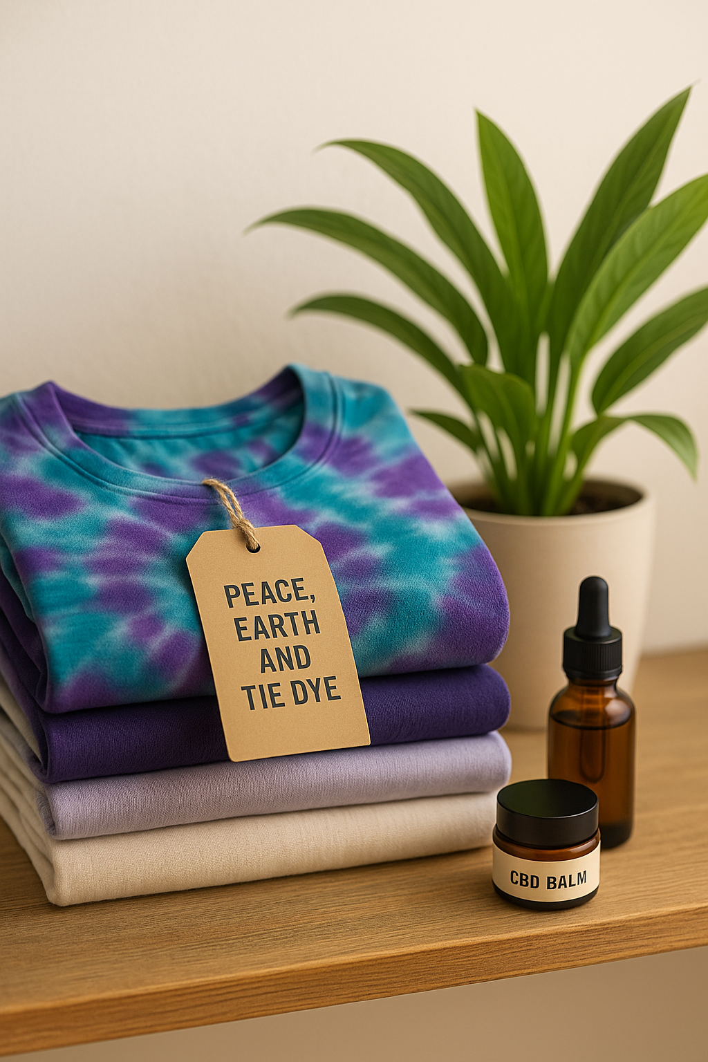 A folded stack of organic and recycled fabric clothing, with greenery in the background, symbolizing sustainable fashion and mindful living.