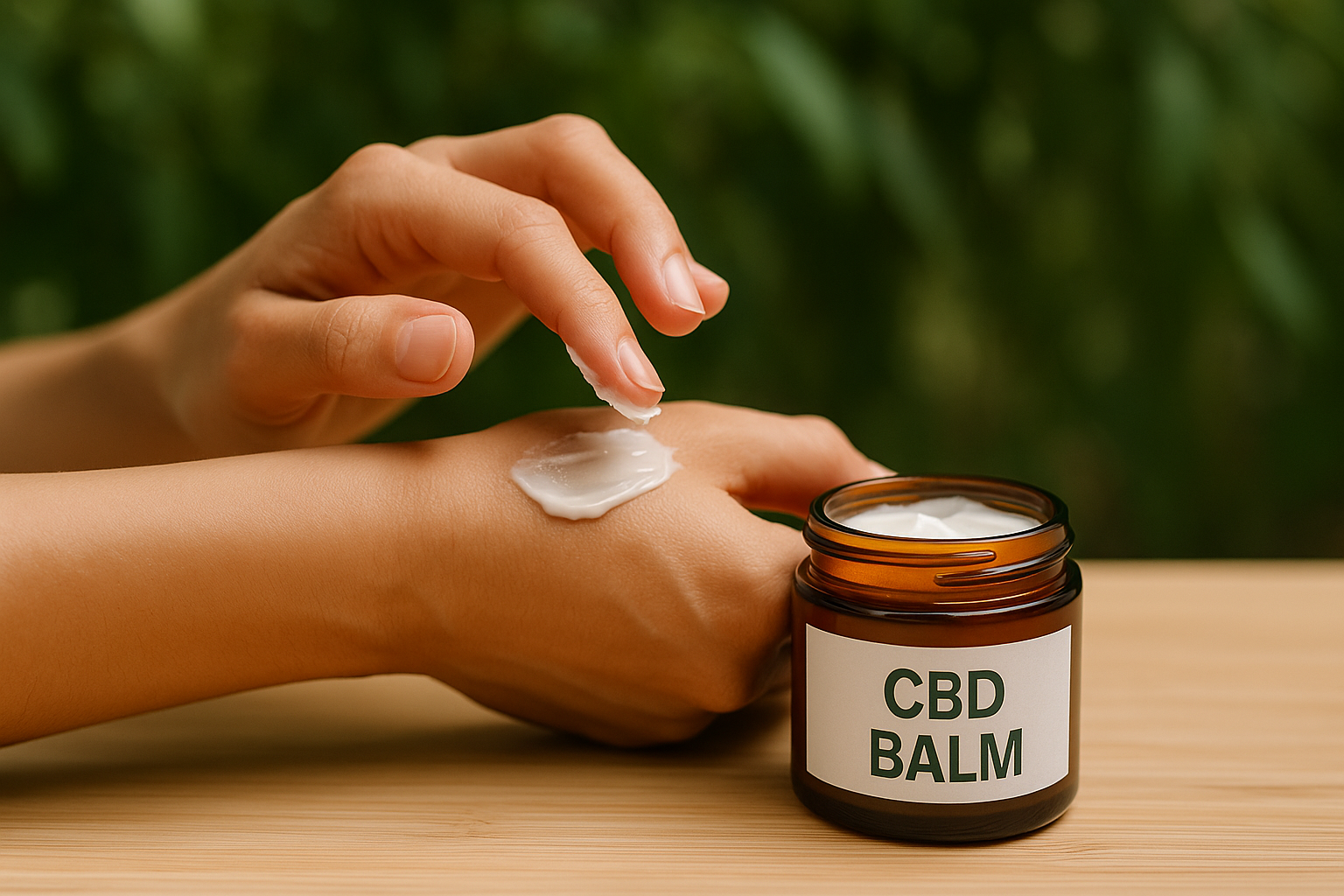 Hands applying CBD cream, emphasizing natural wellness and soothing relief for localized discomfort.