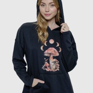 Mushroom Moon Print Hoodie- Black- By Yak & Yeti
