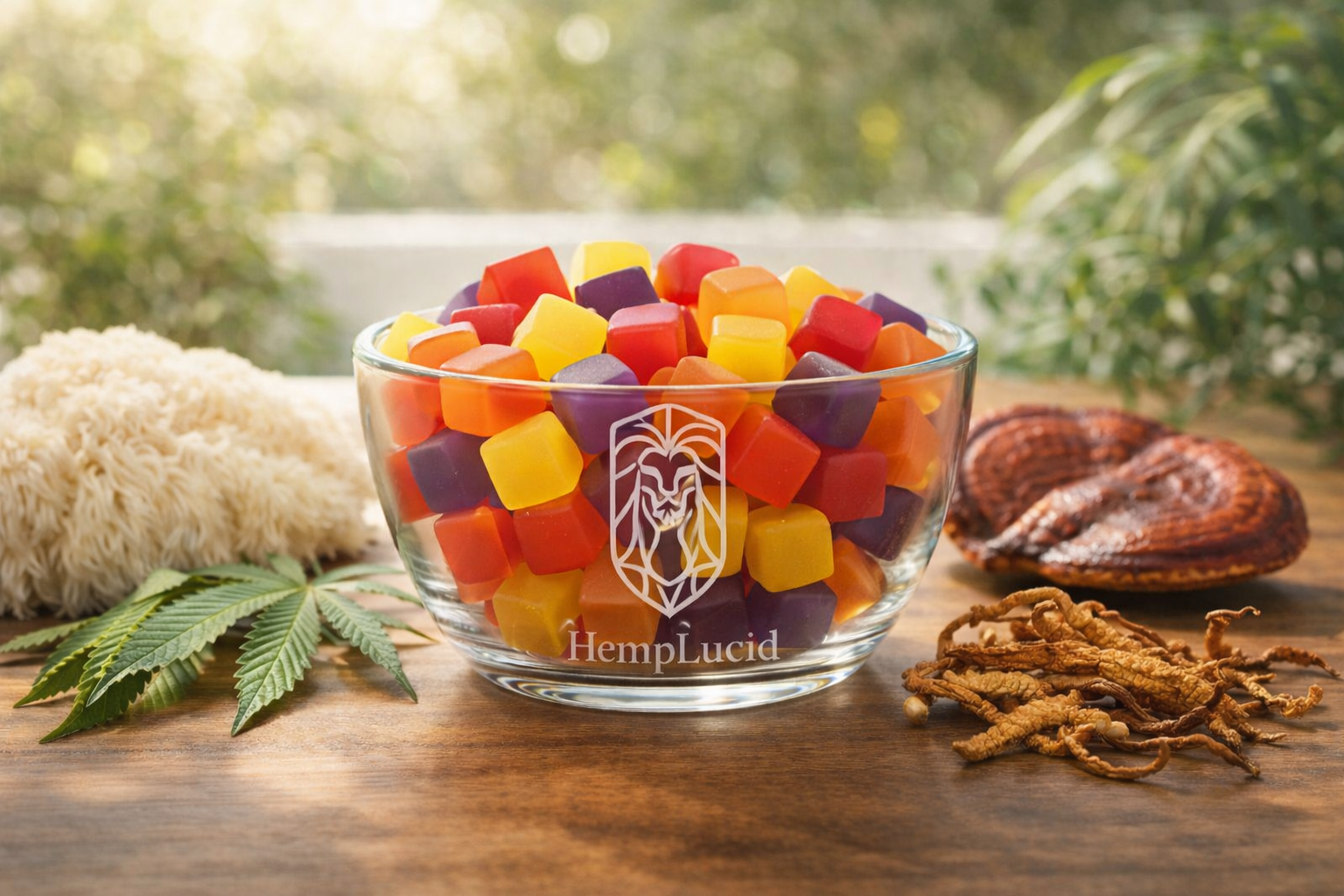 Functional mushroom gummies with lion’s mane, reishi, and hemp leaves on a natural wooden surface.
