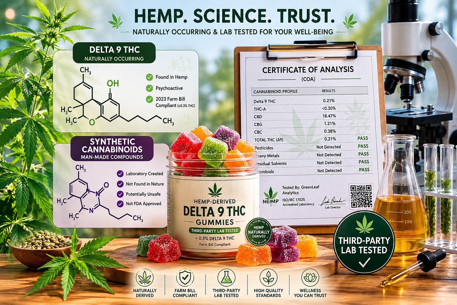 Natural vs Synthetic Cannabinoids: Understanding Delta 9 THC Hemp-derived Delta 9 THC educational graphic with cannabinoid molecular diagrams, lab testing certificate, and compliant hemp gummies.